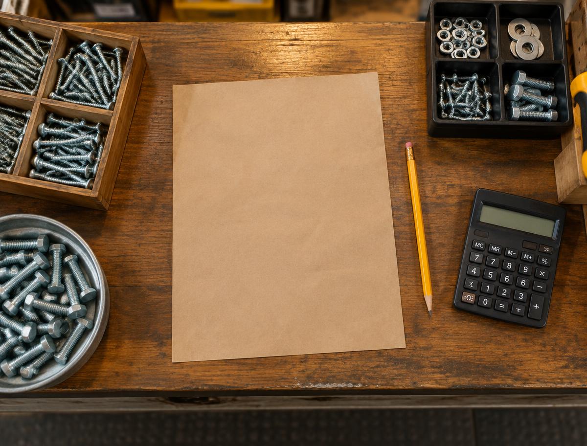Mostrador con papel kraft, lápiz y calculadora